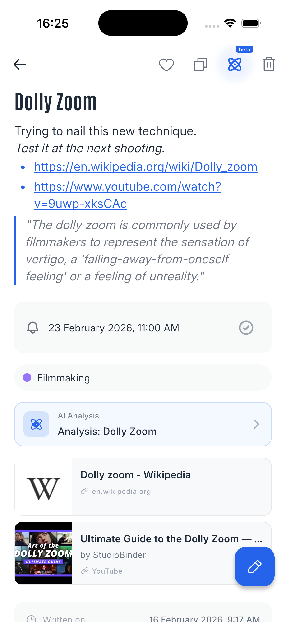 OwlHub entry detail with link preview, tags, location, and reminder